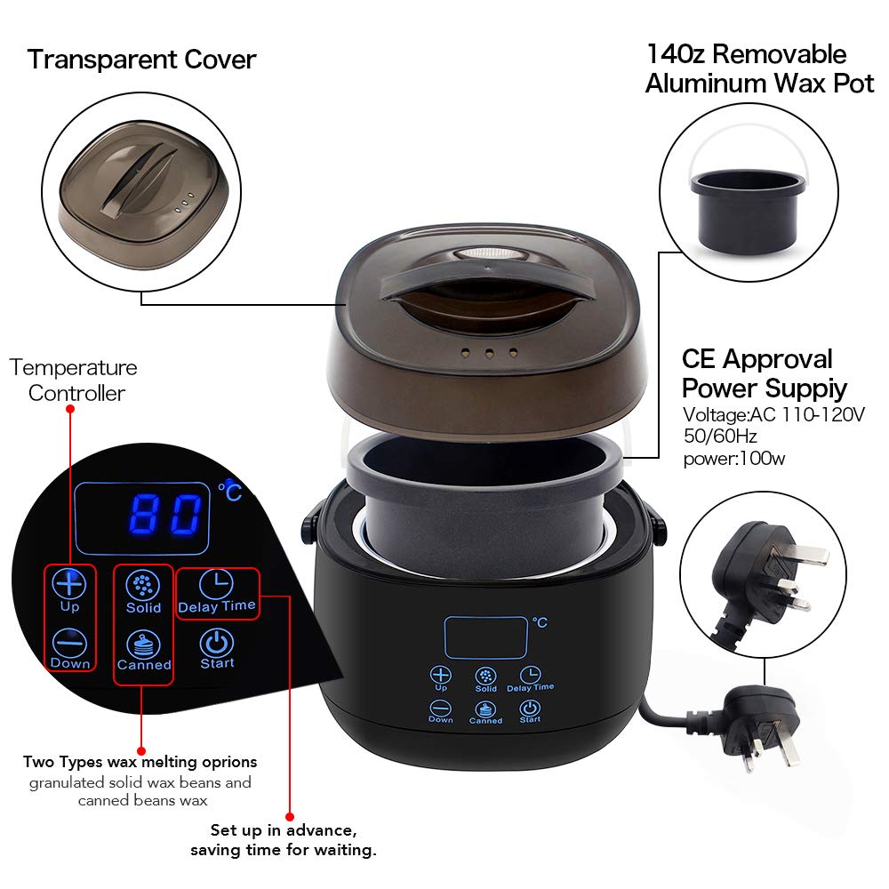 Wax Warmer Profession Electric Wax Heater Pot Waxing Kit Set Hair Removal for All Wax 6 Different Flavors Hard Wax Beans+20 Applicator Sticks LCD Digital Display Black