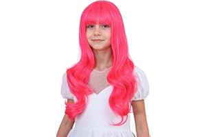 Ufindcos Pink Wig with Bangs for Kids Long Wavy Rose Red Hair Wigs for Child 22 inches Neon Pink Curly Wig for Girls Synthetic Magenta Wig with Wig Cap