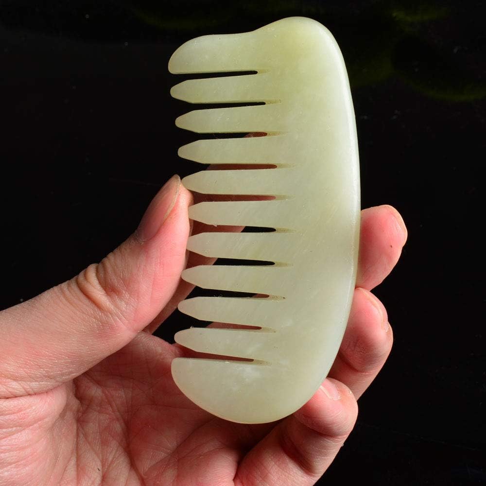 Leosense Jade Stone Gua Sha Scraping Massage Comb, 100% Natural Hand Made Anti-Static Detangling Hair Beard Comb for Head Scalp Massage, Full Body Hips Chest Slimming Massage, Beautiful! (9 X 5 cm)