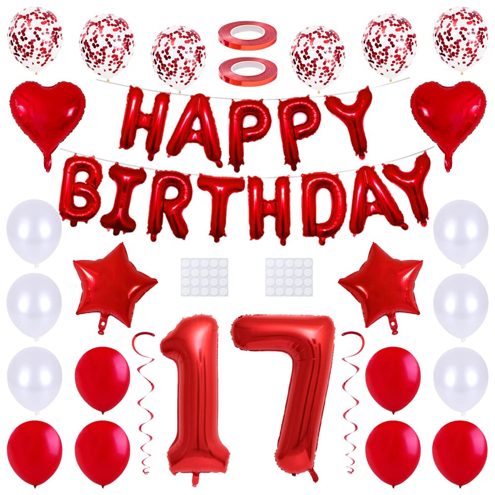 Maigendoo 17. Birthday Balloons Set Happy Birthday Banner Heart Star Foil Mylar Balloon Latex Balloons Number 17 Balloon Set with Swirl Decorations for 17th Birthday Party Event, Red