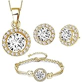 Txibikn 4 Pieces Fashion Elegant Zircon Pendant Gold Necklace Earring Bracelet Jewelry Set for Women Lady Wedding Birthday Party Prom Gifts