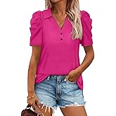 TICTICMISS Women's Puff Short Sleeve Tops V Neck Polo Shirts Casual Summer Blouses Fashion Trendy 2026 Clothing