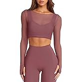 LASLULU Mesh Long Sleeve Crop Tops for Women Double Lined Workout Athletic Gym Shirts Cropped Tops with Built in Bra