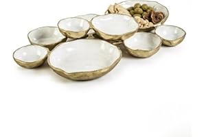 GUTE Cluster of 9 Round Serving Bowls Enamel Clusters Decorative Elegant Snack Tray for Olives, Chip & Dip, Nuts, Appetizers & Entertaining Strong Brass & Enamel Home Decor Gifts, Parties & Weddings 22"