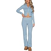 Springrain Women Sweater Sets 2 Piece Lounge Sets Ribbed Zip Hoodie Knitted Outfits