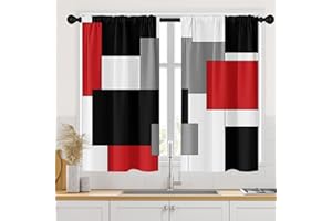 Tayney Red Kitchen Curtains 45 Inch Length Black Grey White Window Short Tier Curtains Over Sink Set of 2, Modern Abstract Geometric Art Kitchen Decor 34x45 Inch