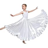 WJPUUS Satin Full Long Skirt for Circle Ruffle Skirt Satin Flowy Latin Belly Dance Umbrella Dress for Girls 8-12 Years