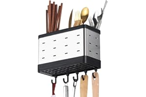 Wall Mount Utensil Holder, Stainless Steel Hanging Utensil Drying Rack Silverware Cutlery Organizer for Spoons, Forks, Chopst