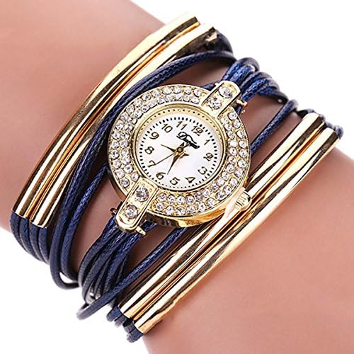 Fashion Lady Multi-Layer Copper Tube Wax Rope Rhinestone Dress Bracelet Watch (Blue)