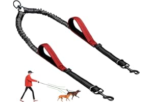 LEOSASA Double Dog Leash - No Tangle Splitter for Two Dogs, Coupler with Adjustable Long Lead Rope, Dual Control Handles, Retractable No Pull Bungee, Walk Train Small Medium Large 2 Pets (Red)