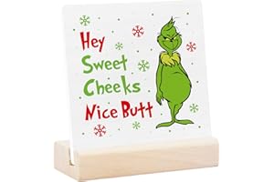 HOMYTHE Funny Christmas Decorations, Novelty Christmas Sign for Holiday Home Decor, Holiday Ceramic Art Prints with Wood Stand for Table Decor, Christmas Tiered Tray Decor, White Elephant Gifts Stocking Stuffer, 4.4x4 inch