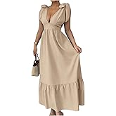 OYOANGLE Women's Bow Tie Shoulder V Neck Sleeveless A Line Long Dress Fit and Flare Cocktail Dresses