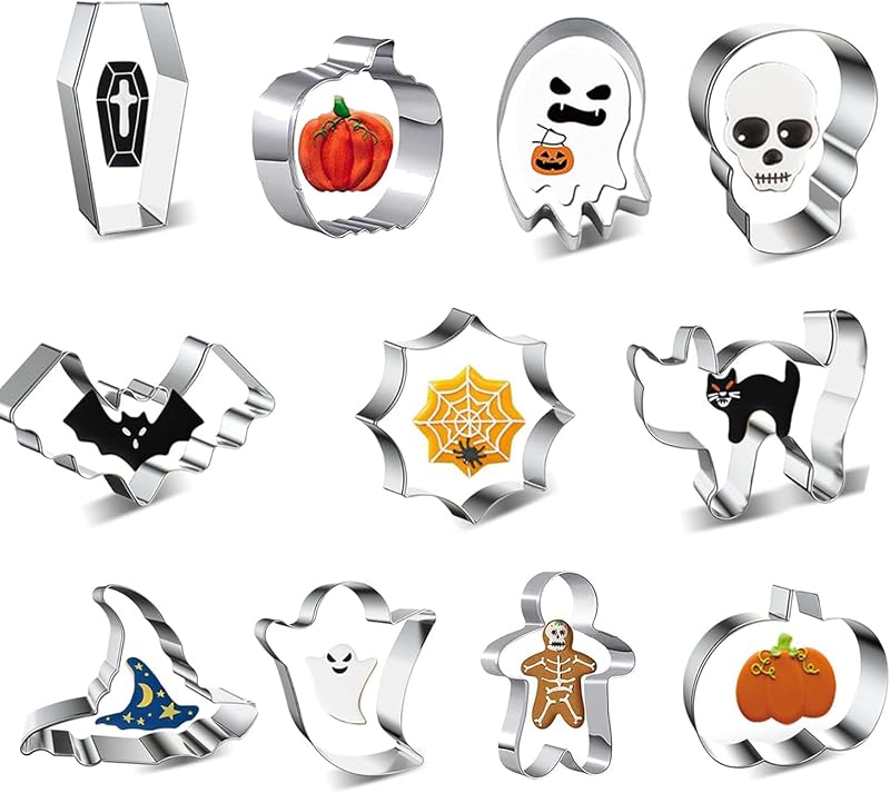 Conjunto de 11 cortadores de bolachas de Halloween em aço inoxidável - Abóbora, Fantasma, Gato, Morcego, Chapéu de Bruxa — foto 1 de 7
