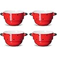ECODECO Soup Bowls with Handles - Ceramic - Red Polka Dot - 16 Ounce - Set of 4 - French Onion Soup Crocks for Oven Baking