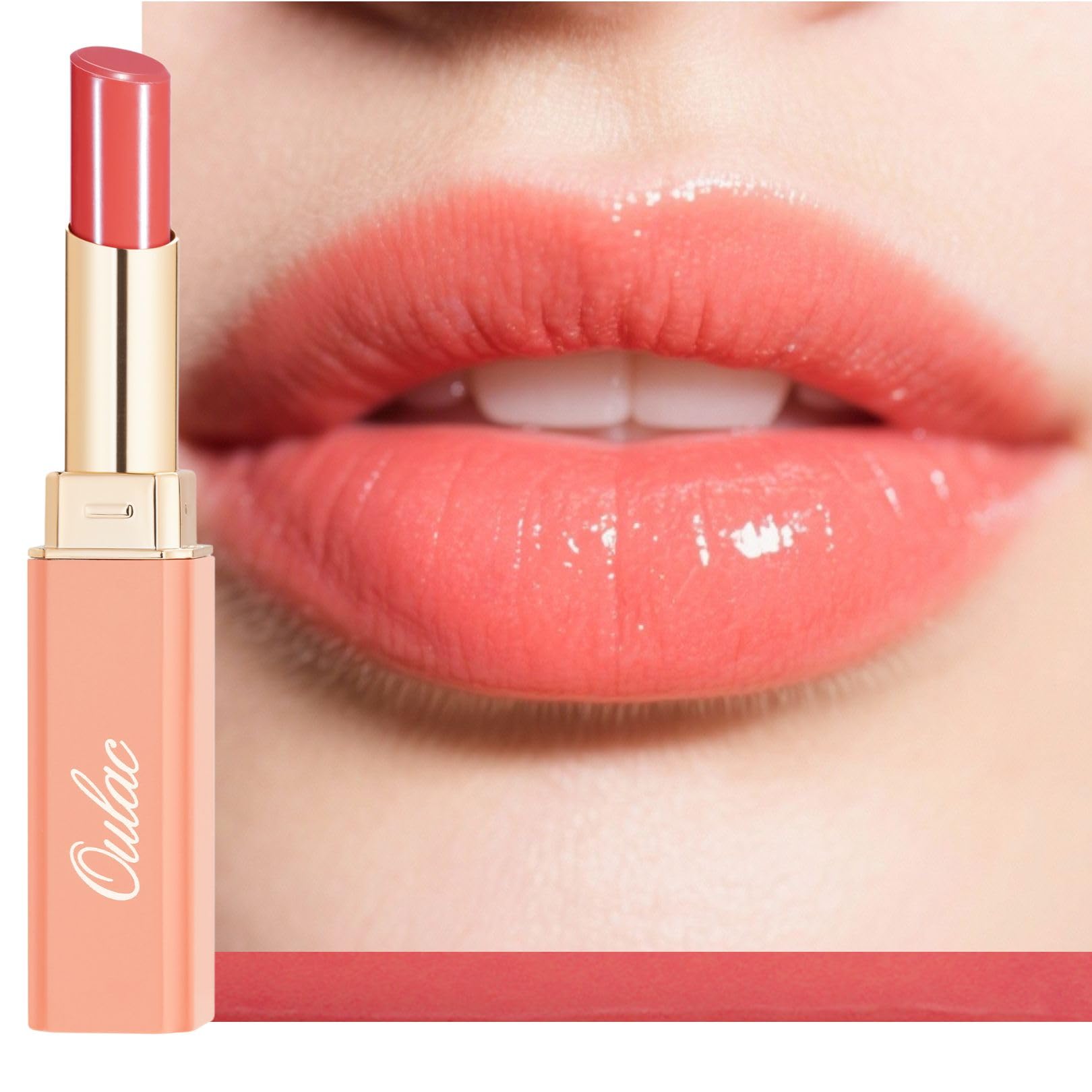 Oulac Makeup Moisture Shine Lipstick, Deep Kiss, Dark Coral, Peach, Sheer, Glossy, Long Lasting, Highly Pigmented, Creamy Formula