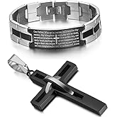 OIDEA 2pcs Assorted Mens Stainless Steel Cross Necklace,Religious Bible Lord Prayer Bracelet,Silver,Black