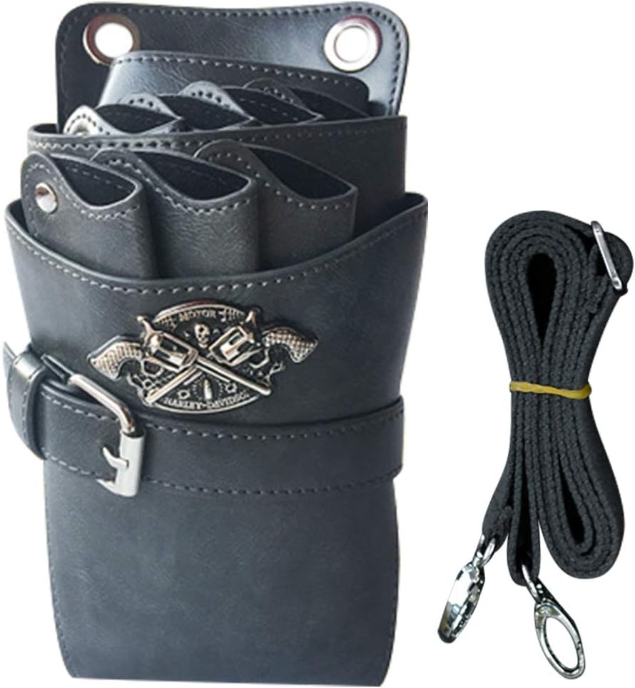 WINGOFFLY Hair Scissor Holster Pouch with Waist Shoulder Belt for Hairdressers Barber PU Leather Shears Hairdressing Tool Case Bag Holder Grey