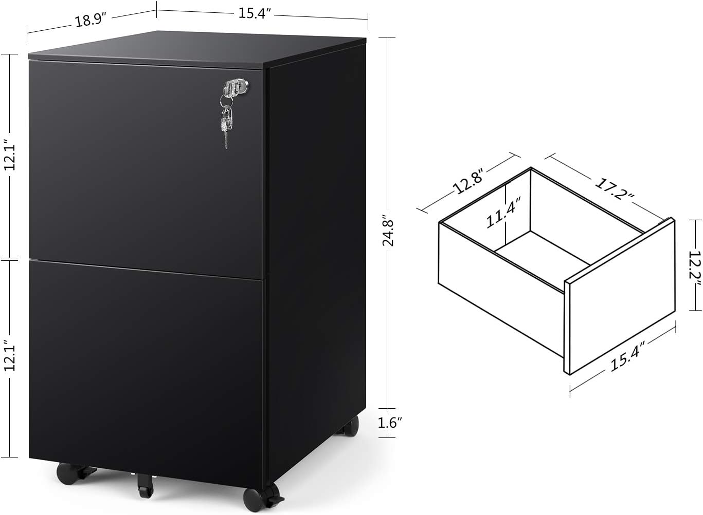 DEVAISE 2 Drawer Mobile File Cabinet with Lock, Metal Filing Cabinet for Legal/Letter/A4 Size, Fully Assembled Except Wheels, Black: Kitchen & Dining