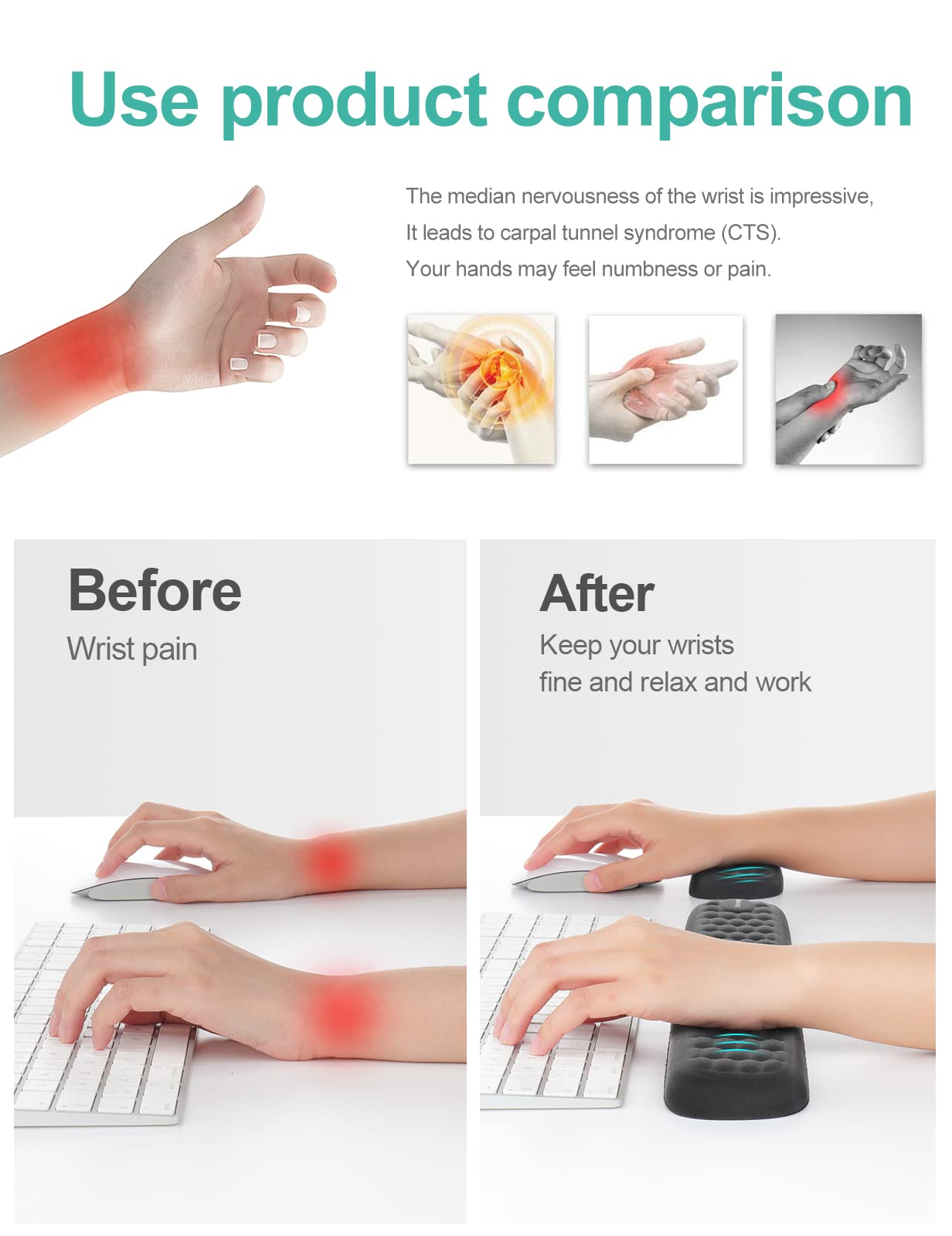 Meatanty Handgelenkauflage für Tastatur und Maus, gepolstert, Memory-Schaum, Handauflage für Büro, Computer, Laptop, Mac, lindert Schmerzen im Handgelenk und komfortables Tippen 2