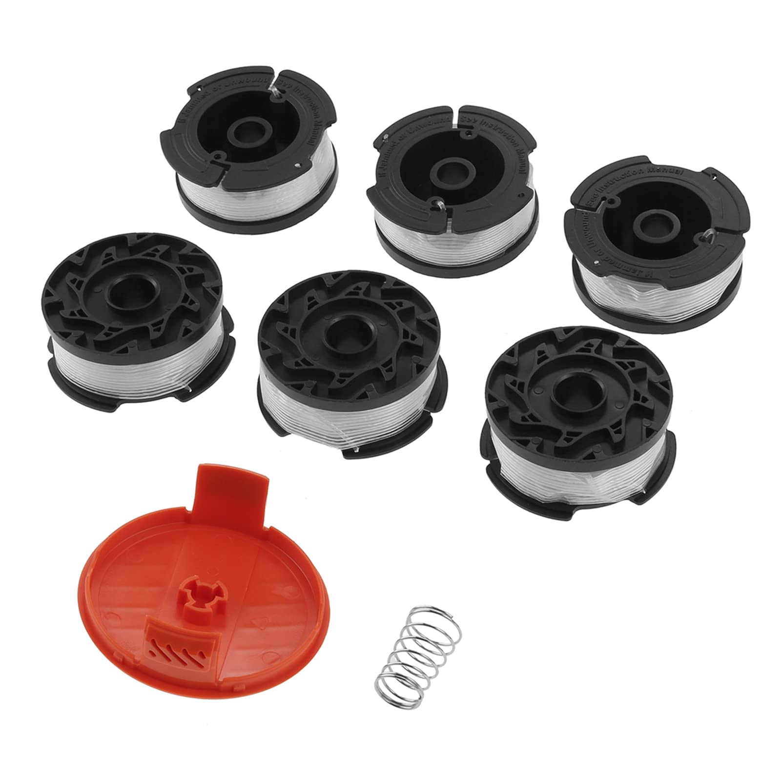DRELD 6Pcs Strimmer Spools Kit Replacement for Black and Decker, 30FT Long Wire and 0.065" Diameter Trimmer Line Refills, 6 Auto Feed Spools with 1 Spool Cap and 1 Spring