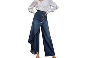 Womens Jeans High Waisted Asymmetrical Wrap Denim Pants Casual Wide Leg Button Up Trousers Summer Skirted Jeans