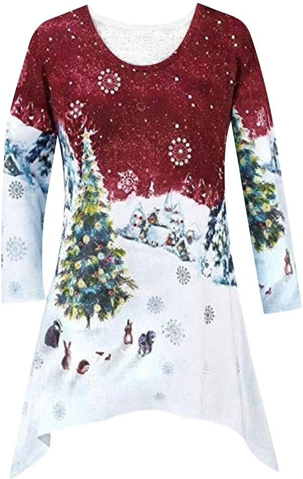 FNKDOR New Women Ladies Christmas Jumper Novelty Print Shirt Tunic Woodland Winter Scene Blouse