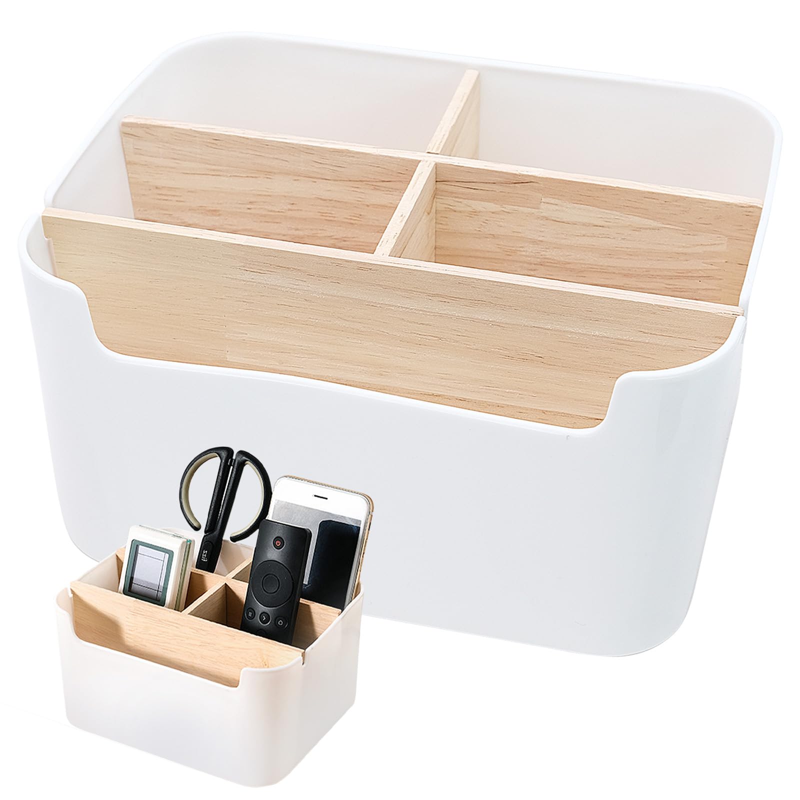 Bakiauli Desk Organiser, 5 Compartment Wooden Portable Storage Holder, Multifunctional Desktop Pen Organiser for Office, School (White)