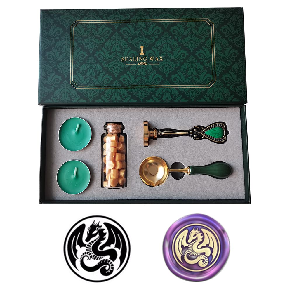 PORXFLY Wax Seal Stamp Set,Vintage Personalized European style Wax Seal Stamp Kit Gift Box Set for Wedding Invitations, Letters,Wine Packages,Cards Envelopes, Gift Wrapping (Dragon)