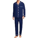 SWOMOG Men Pajamas Set Comfy Modal Pjs Button Down Sleepwear 2 Piece Long Sleeve Lounge Set Soft Nightwear with Pockets