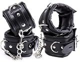 Metrical Soft Padded Leather Handcuffs Set Adjustable Wrist Cuffs + Ankle Cuffs, Black