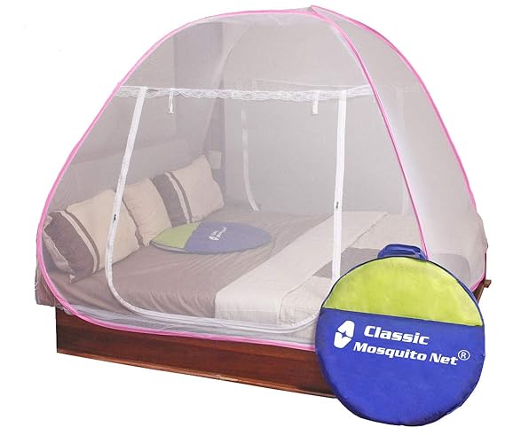 Classic Foldable Mosquito Net King Size Double Bed with Free Saviours - (Pink)