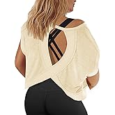 Fisoew Womens Plus Size Open Back Workout Tops Backless Short Sleeve Athletic Shirt Running Crop Top Gym Yoga T-Shirt