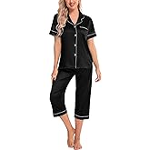 SWOMOG Satin Pajama Set Women Silk Pjs Set Short Sleeve 2 Piece Button Down Sleepwear Lounge Sets