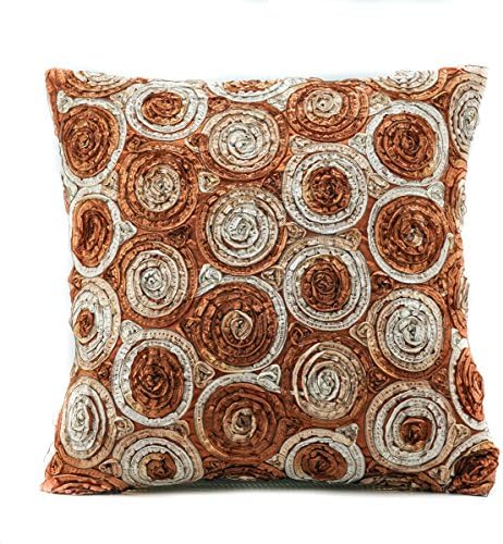 Round Two Tone 3D Bouquet Roses Thai Silk Cushion Cover Throw Pillow Case (Brown)
