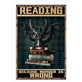 EMOHAT Vintage Black Dragon Metal Tin Sign Reading Books Signs Reading Because Murder Is Wrong Wall Art Gifts Home Decorations Retro Decor for Living Room Office Bedroom Man Cave 12x8 Inches