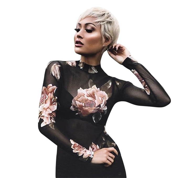 Damen Langarm Pullover, TUDUZ Frauen Transparent T-Shirt Floral Skinny Bluse Mesh Sheer Tops Schwarz
