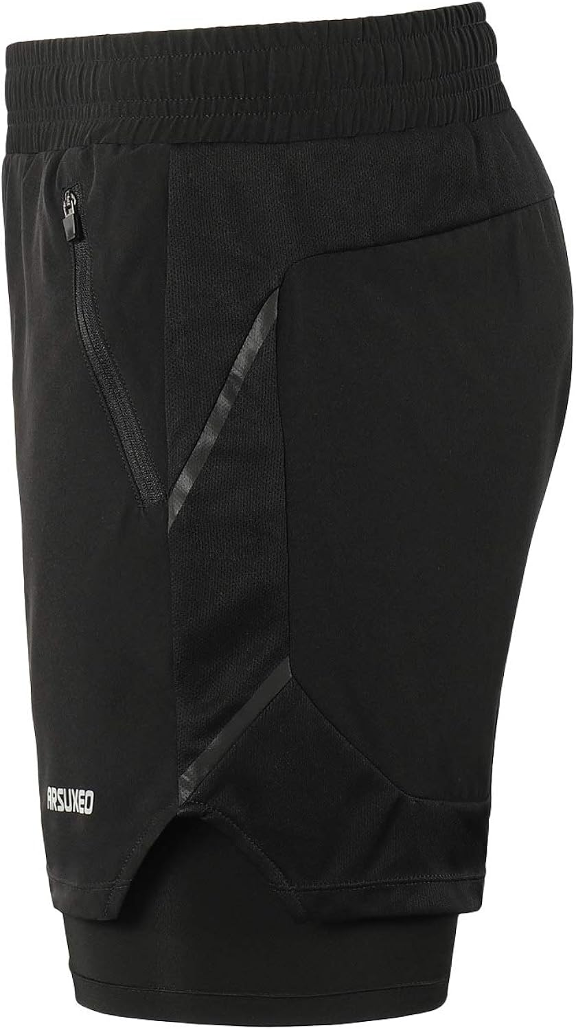 ARSUXEO Men's 2 in 1 Active Running Shorts with 2 Zipper Pockets B191: Clothing