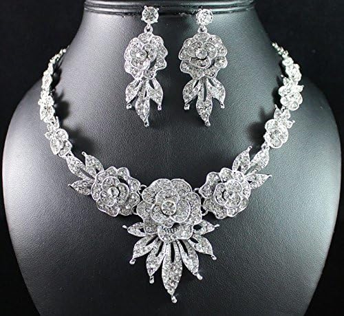 Janefashions Sexy Peony Clear Austrian Rhinestone Crystal Necklace Earrings Set Bridal N1812