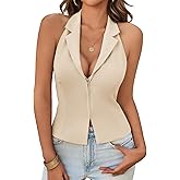 Tankaneo Womens Halter Blazer Vest Tops Sexy Deep V Neck Zip Up Summer Backless Smocked Waistcoats