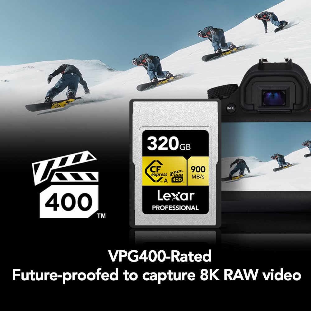 Lexar 320GB Professional CFexpress Type A GOLD Series Memory Card, Up to 900MB/s Read, Cinema-quality 8K Video, Rated VPG 400 (LCAGOLD320G-RNENG)