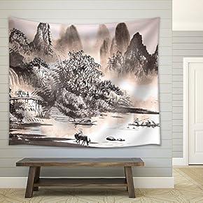 Chinese Landscape Watercolor Painting - Fabric Wall Tapestry Home Decor - 51x60 inches