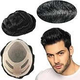HAIR NATURE Hair System for Men, Fine Mono Poly Mens Toupee Human Hair #1 | Mens Hairpieces, Hand-Tied Hair Replacement System, Mono with Poly Coating, Cuttable Size 8X10, Medium Density,Jet Black Hair