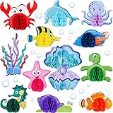 12 Pieces Ocean Sea Animal Honeycomb Centerpiece Sea Creature Honeycomb Decoration Ocean Themed Table Honeycomb Fish Mermaid Honeycomb for Birthday Baby Shower Party Supply