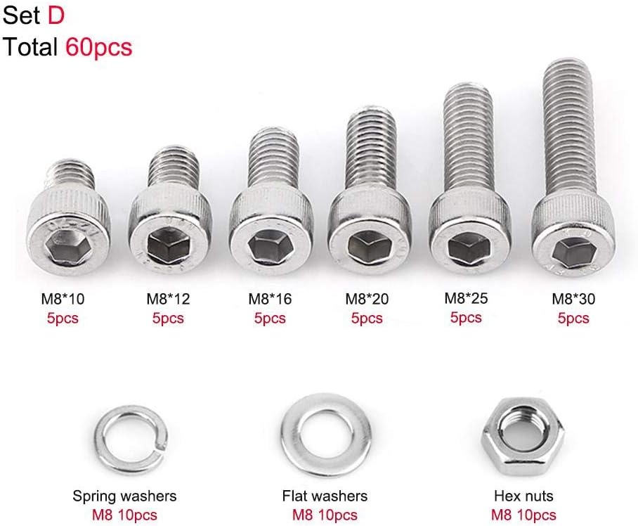 TOPINCN Screws Nuts Washers Set M3/M5/M6/M8 Ss304 Stainless Steel Hex Socket Head Cap Screws With Hex Nut Washers Assortment Kit(M8 60Pcs) - Image 3