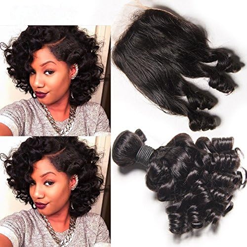 Brazilian Virgin Hair Loose Wave Bundles Short Bob Weave Curly Hair 3 Bundles With Lace Closure Aunty Fumi Bouncy 1B# -202020+16inch