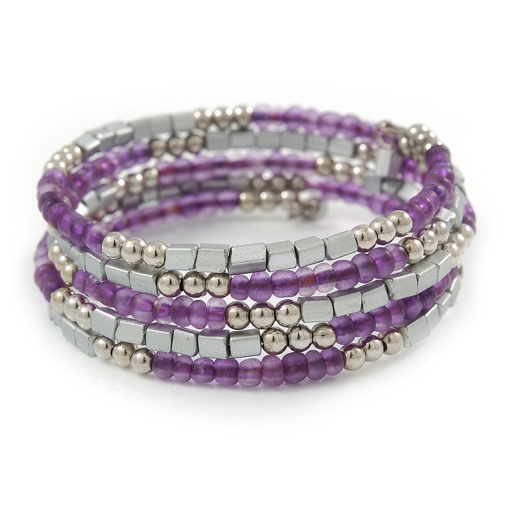 Avalaya Purple Glass Silver Acrylic Bead Multistrand Coiled Flex Bracelet Bangle - Adjustable