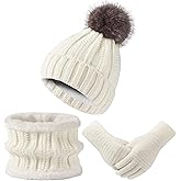 Women's Winter Hat Scarf Gloves Set (3PC), Thermal Fleece Lined Beanie Touchscreen Gloves Knit Neck Warm for Teens to Adults