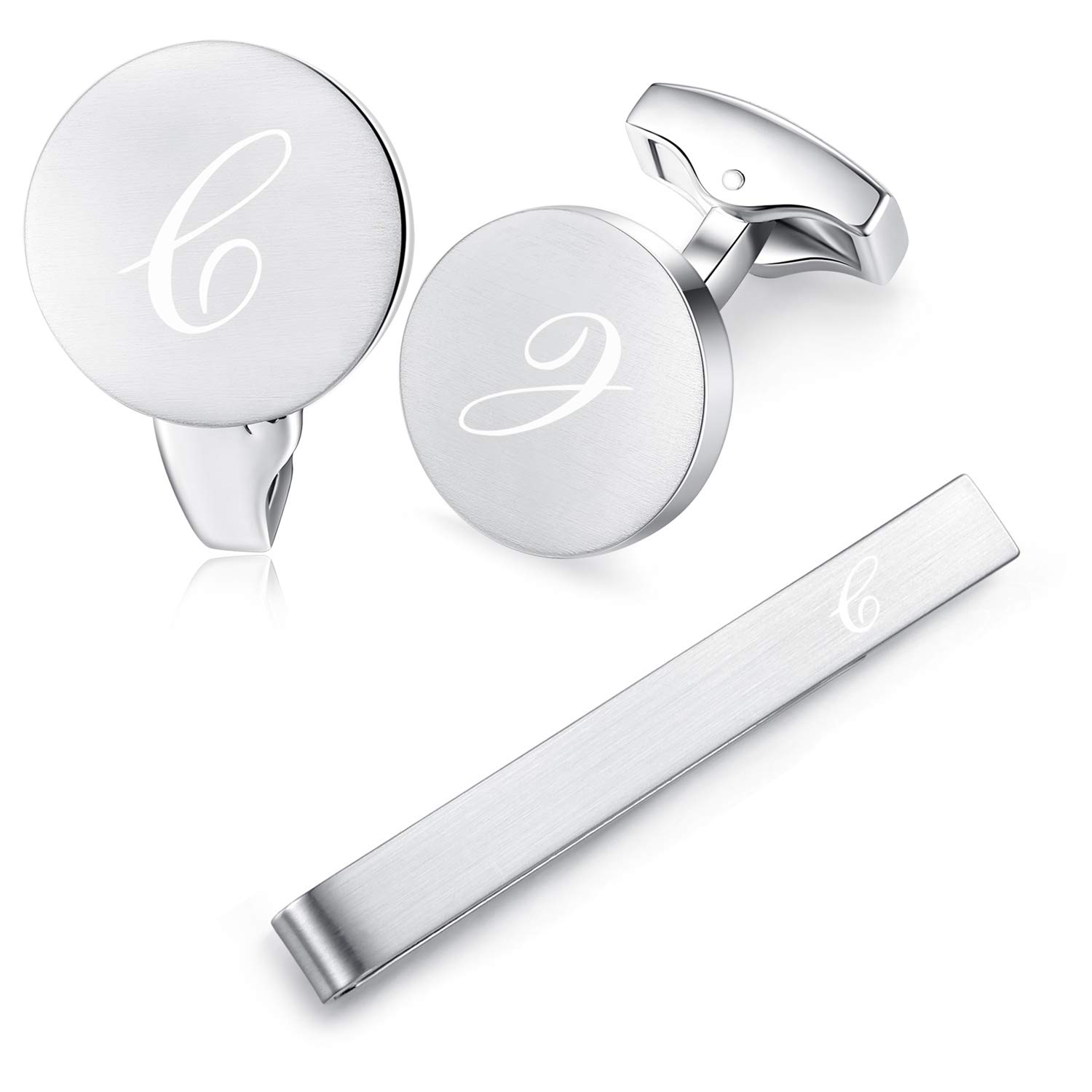 HONEY BEAR Initial Alphabet Letter Cufflinks Tie Clip Set for Mens - Round Stainless Steel, for Business Wedding Gift,Brushed Silver (C)