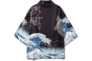 Men's Kimono Cardigan Vintage Cloak Japanese Short Shirt Jackets Open Front Coat Wave Carp Print Linen Yukata Traditional Jap