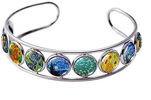 Blazing Autumn Van Gogh Cuff Bracelet Art Pattern Under Glass Dome Jewelry Handmade